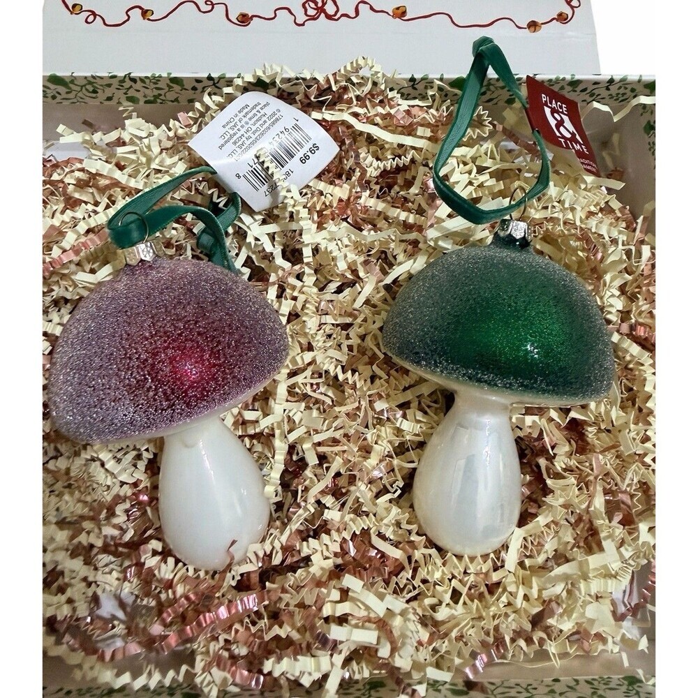 Place & Time Frosty Mushroom Glass Ornaments Christmas Decor Green Red 5” Pair